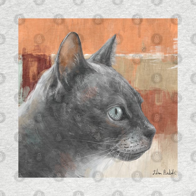 Painting of a Grey Cat with Teal Colored Eyes, in Retro Orange Background. by ibadishi